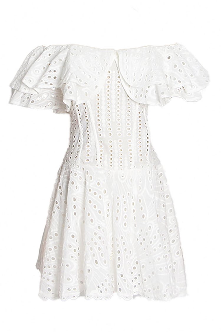 Off Shoulder Embroidery Hollow Out Ruffled Mini Dresses
