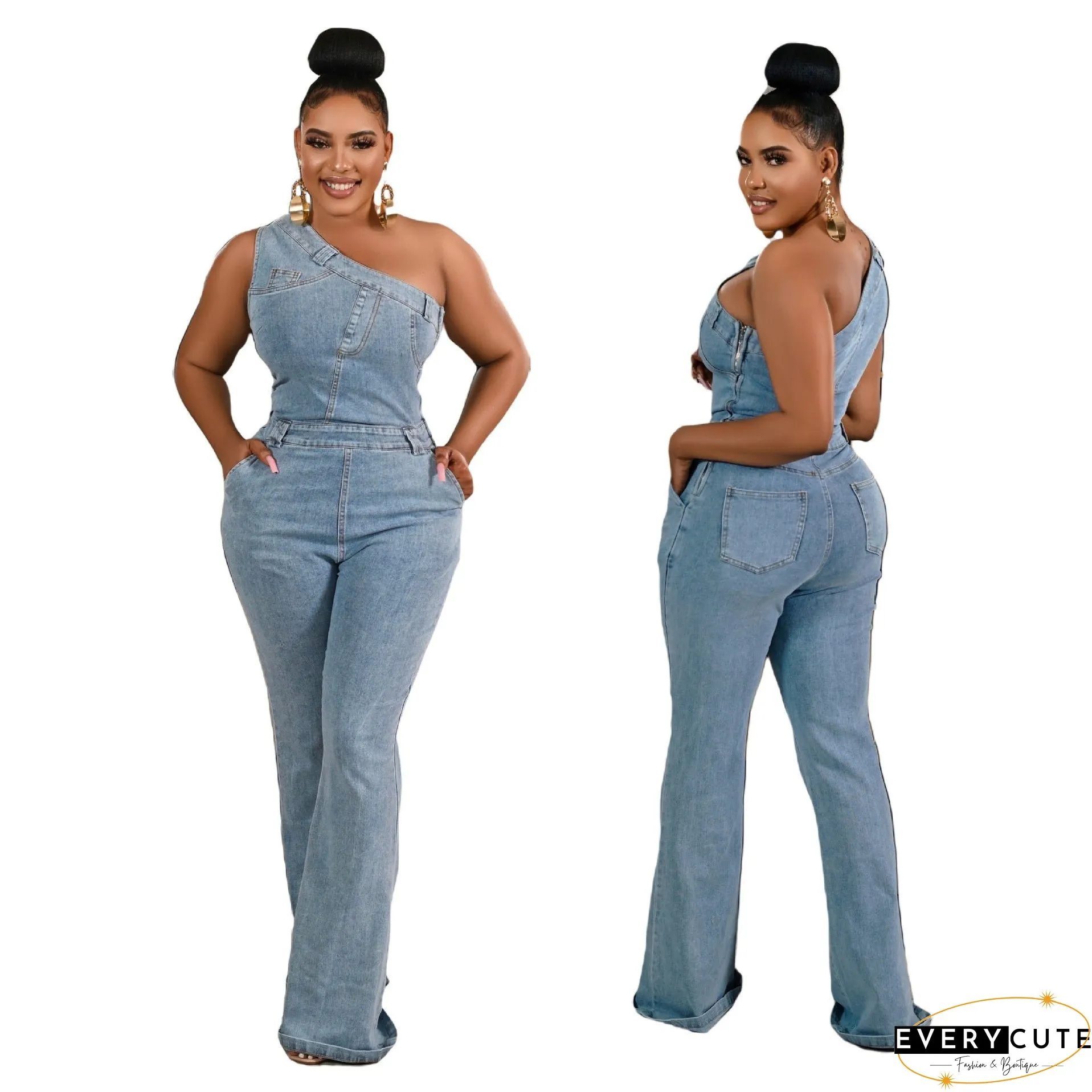 Slant Shoulder Tight Waist Slim Elastic Wash Jumpsuits