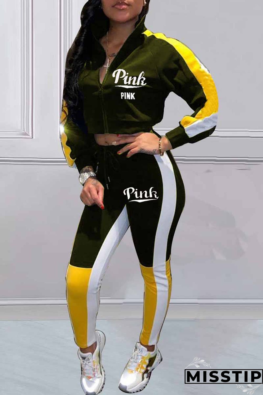 Black Casual Print Patchwork Letter Zipper Collar Long Sleeve Two Pieces