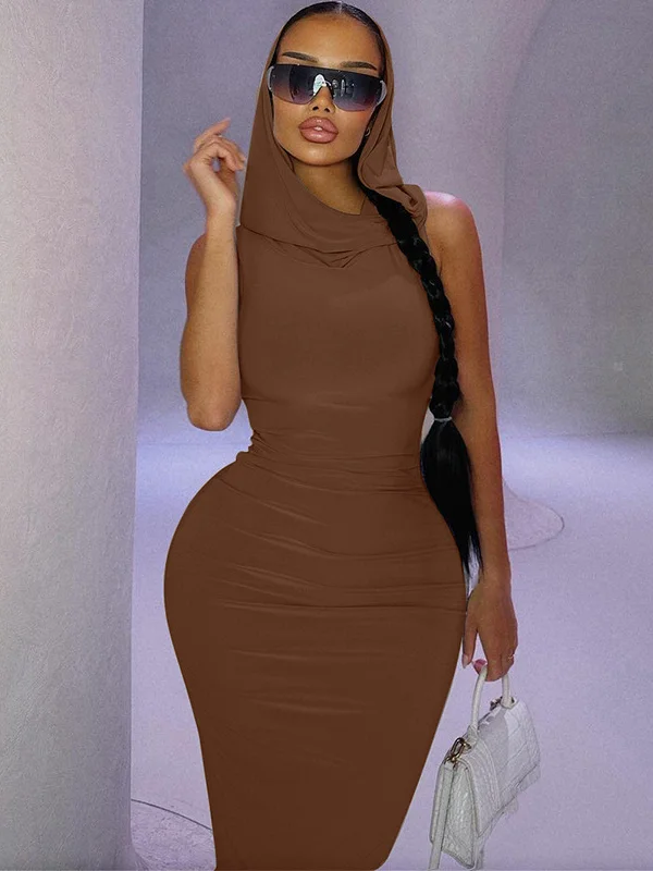 Bodycon High Waisted Hooded Solid Color Split-Back Maxi Dresses