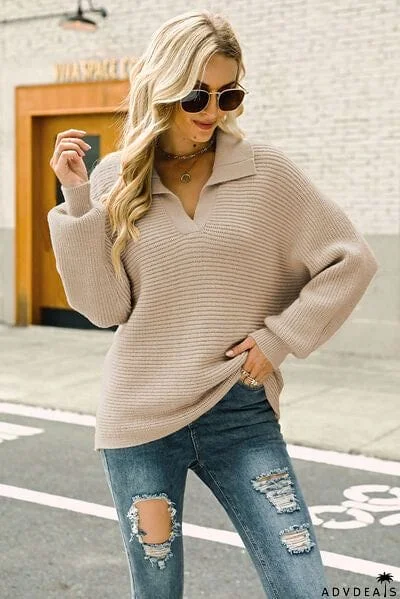 Ribbed Johnny Collar Pullover Sweater