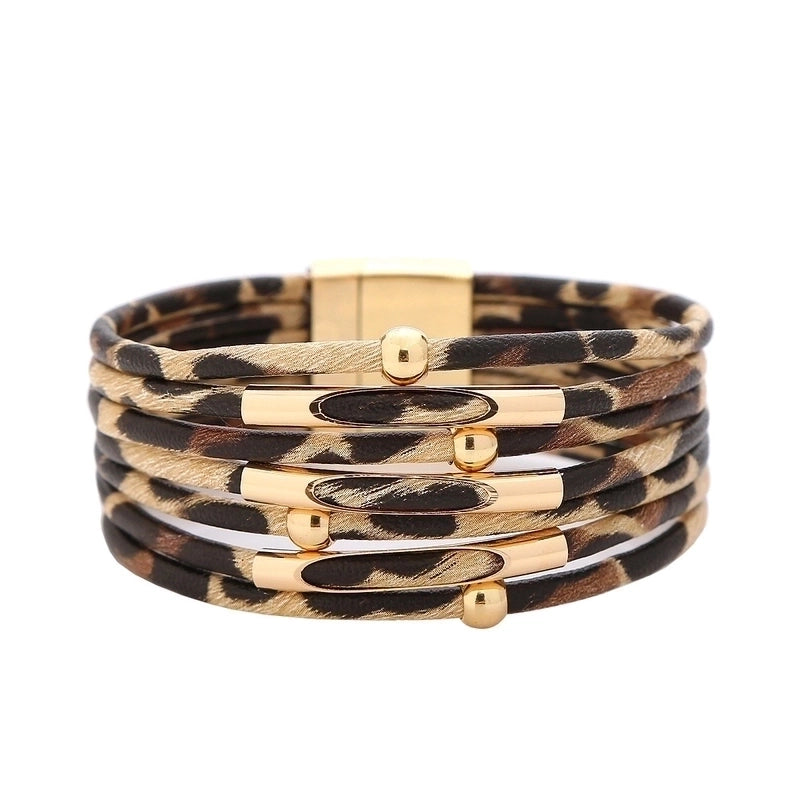 Europe And America  Fashion Geometric Leopard Bracelet Women’s Magnetic Buckle Copper Beaded Multi-Layer Wrap Bracelet Jewelry