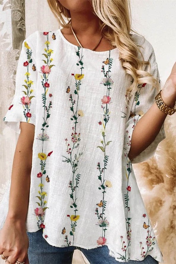 Plus Size Linen Round Neck Floral Print Half Sleeve Loose Blouse