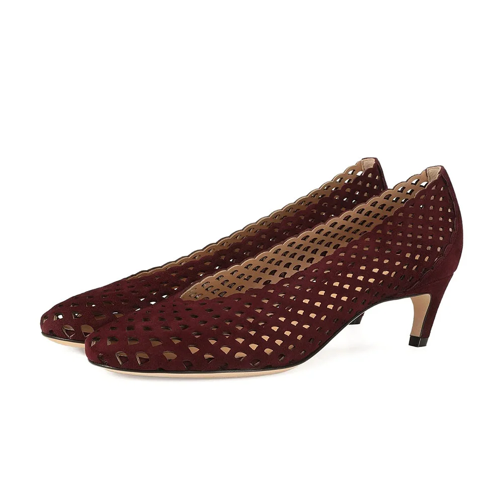 Women's Maroon Round Toe Slip On Hollow-Out Kitten Heel Pumps