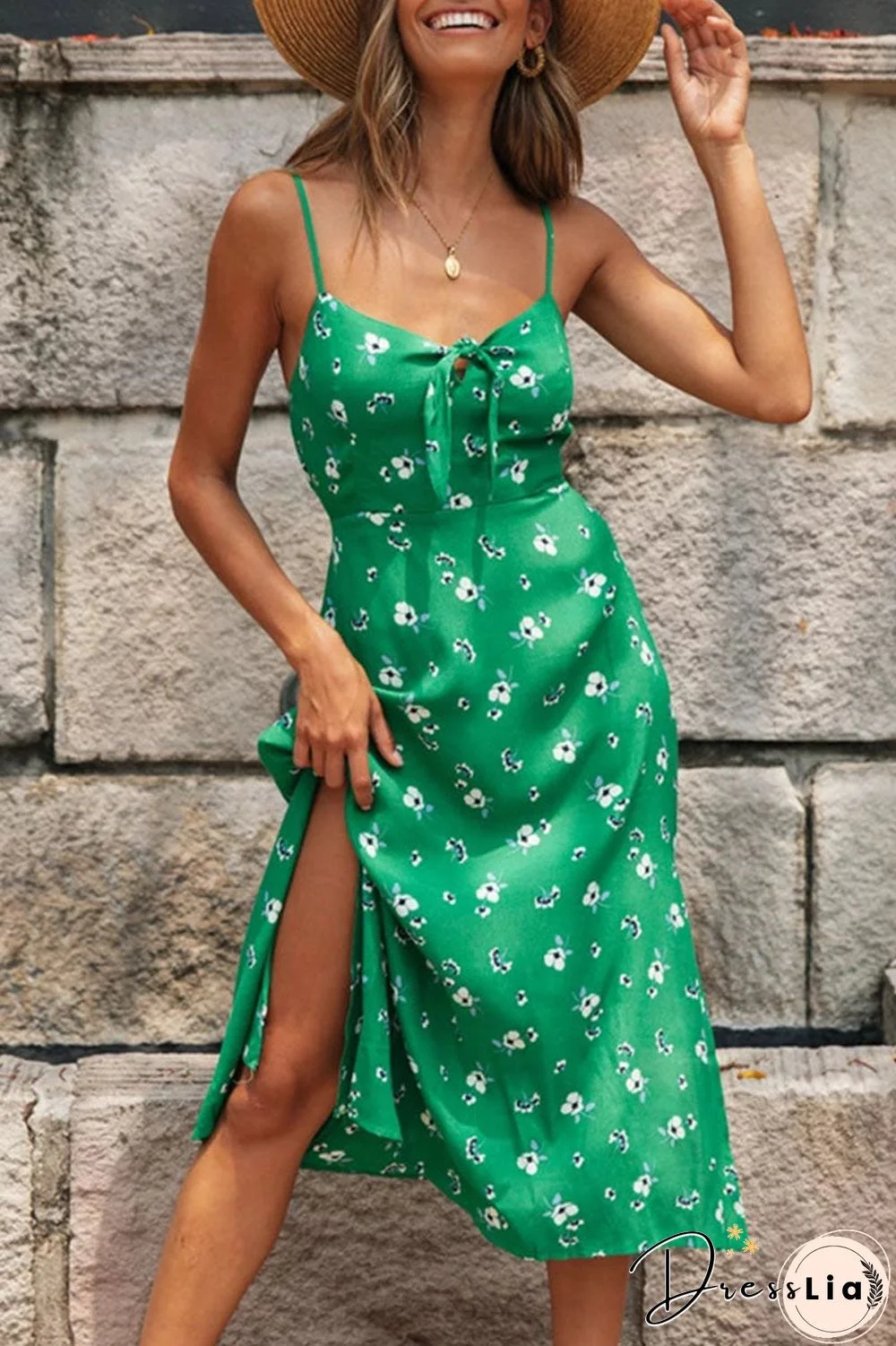 Fashion Street Print Slit Spaghetti Strap A Line Dresses