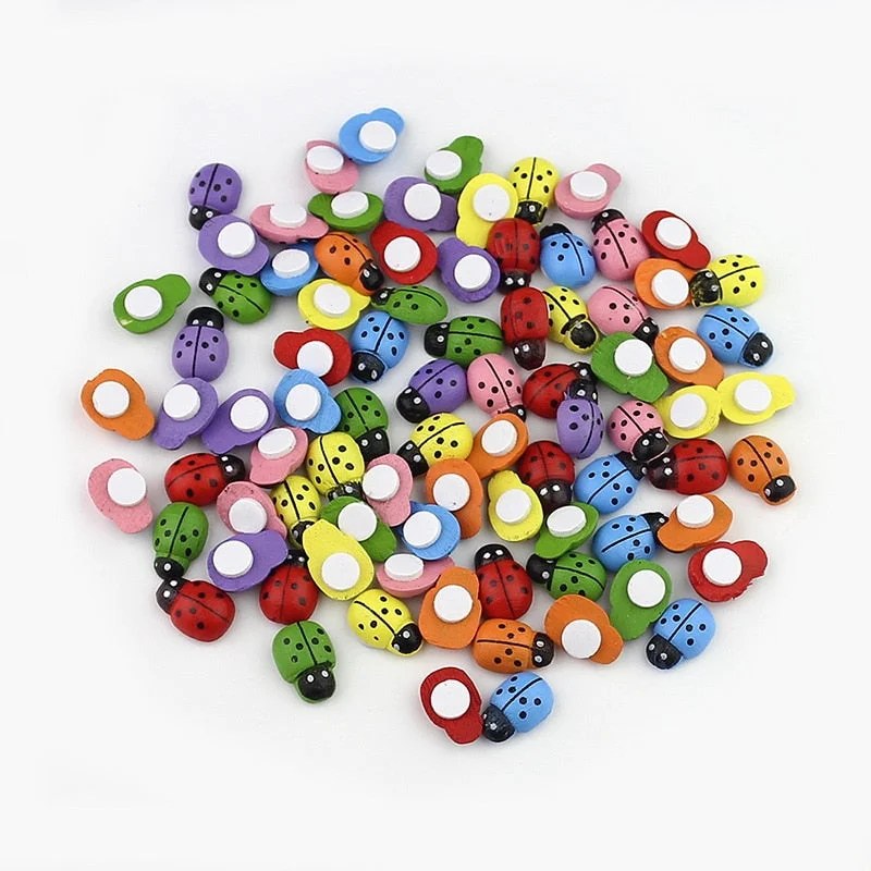 HUADODO 100PCS/Lot Colorful Wooden Ladybug Ladybird Self-adhesive Stickers DIY Craft Scrapbooking Home Party Decoration