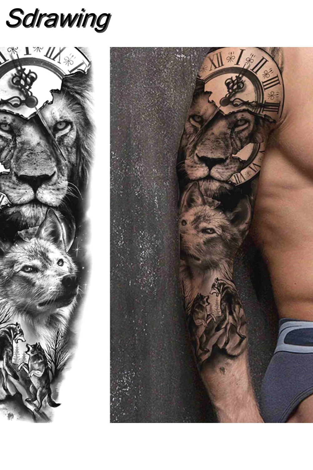 Sdrawing Arm Temporary Tattoos Sleeve For Men Women Realistic Fake Tatoos Warrior Lion Tiger Flower Tatoo Sticker Black Totem Maori 507-1