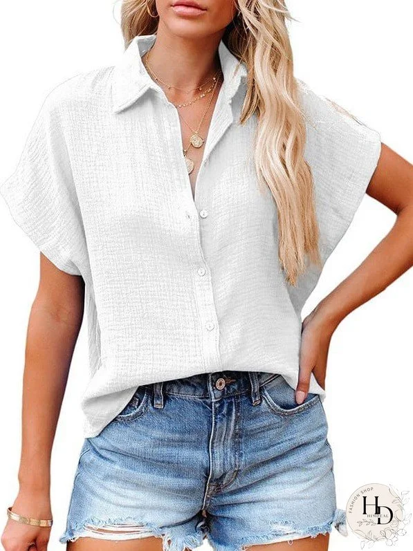 Versatile Solid Collar Loose Fit Blouse with Short Sleeves