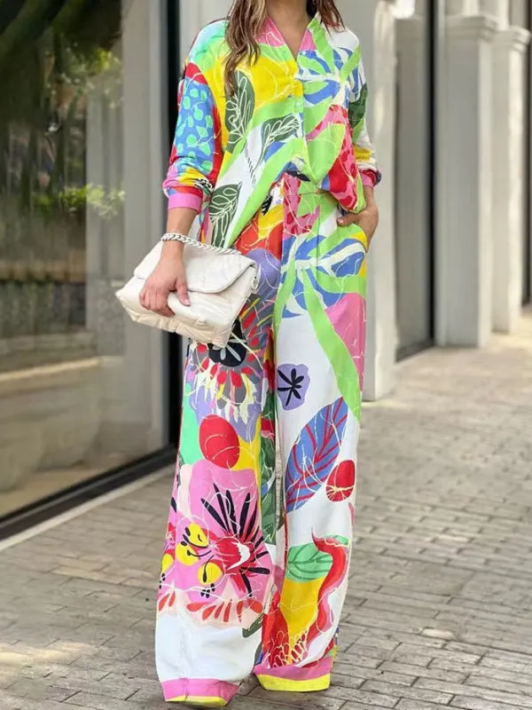 Contrast Color Printed Long Sleeves Buttoned Lapel Blouses Top+ High Waisted Pants Bottom Two Pieces Set