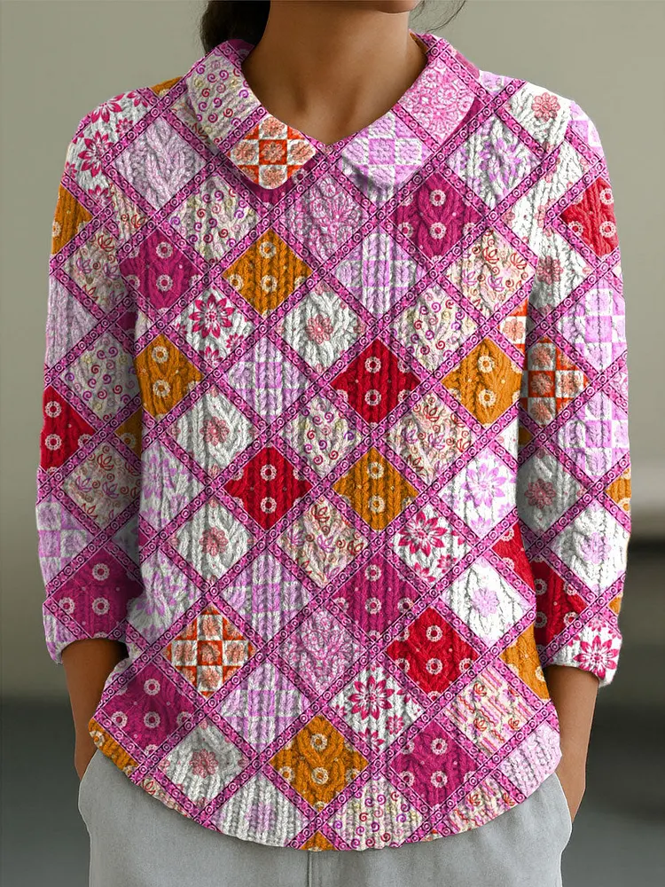Women's Geometric Flowers Color Contrast Splicing Abstract Casual Print Peter Pan Collar 3/4 Sleeve Sweater
