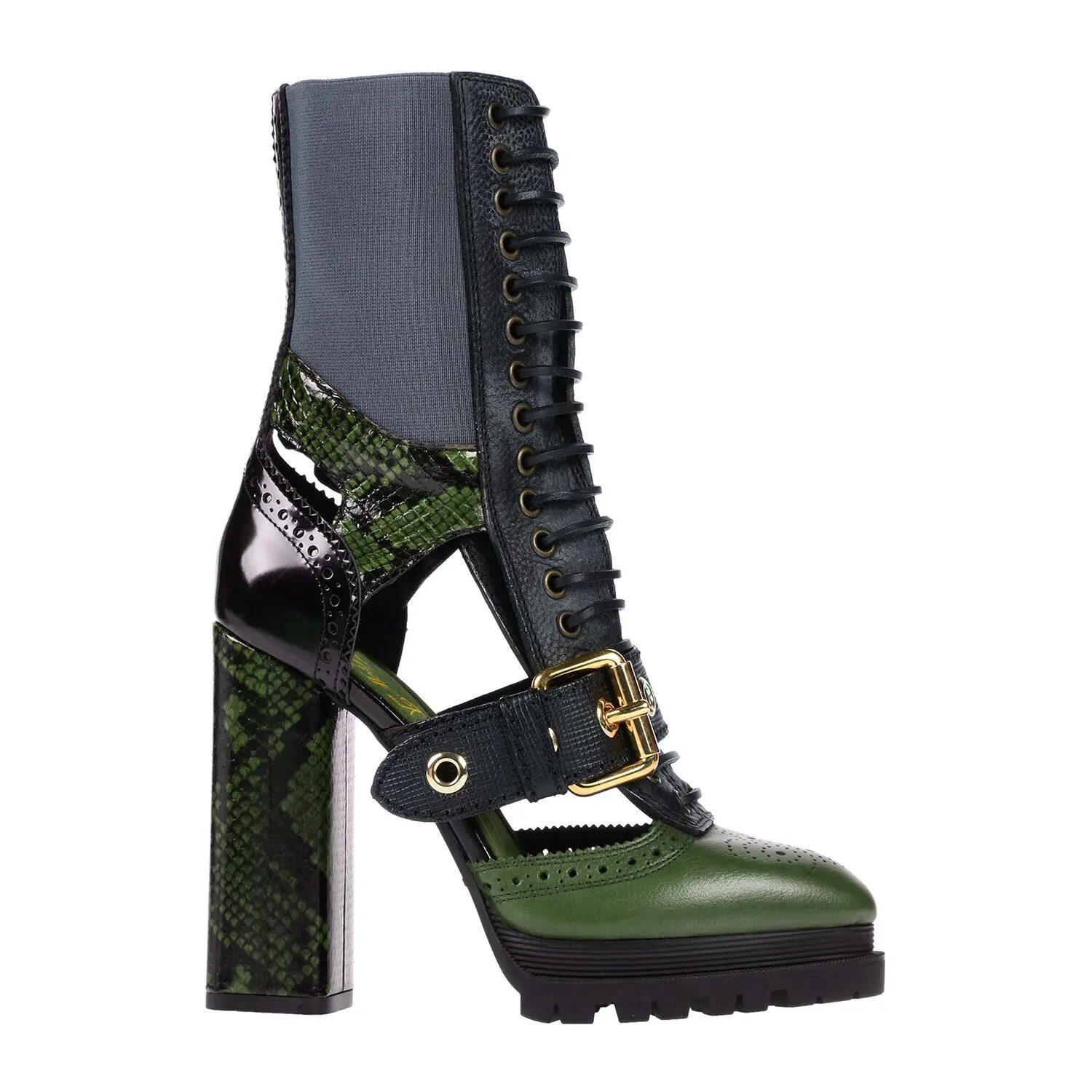 TAAFO Snackskin Motorcycle Boots Platform High Chunky Heels Women Mid-Calf Booties Ladies Buckle Strap Hollow 