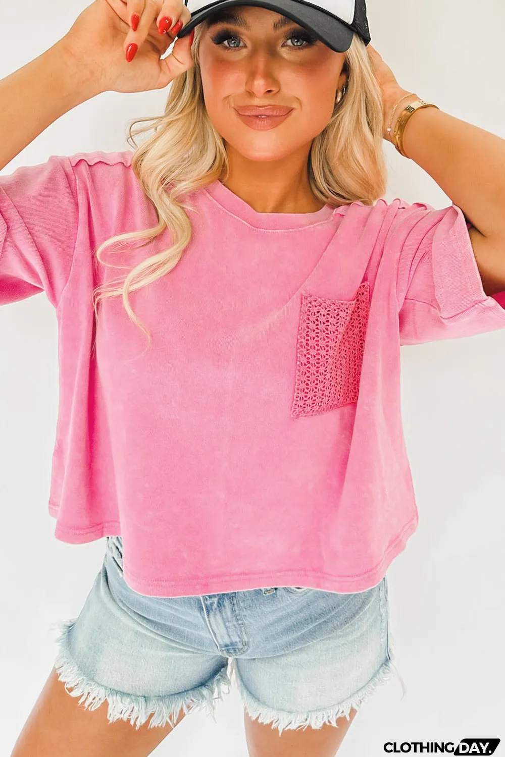 Pink Acid Wash Lace Patch Pocket T-Shirt