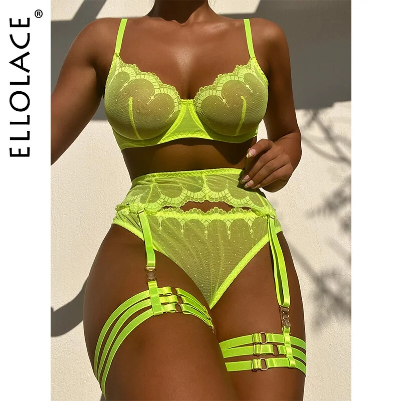 Billionm Ellolace Neon Lace Beautiful Lingerie Set 4-Piece Underwire Transparent Bra And Panty Seamless Sensual Garters Exotic Sets