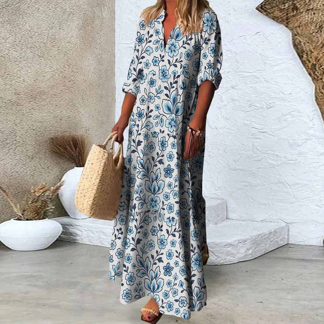 Women Floral,Blue,Black DZDN0267 SPU Printed Long Sleeve V-neck Maxi Dress