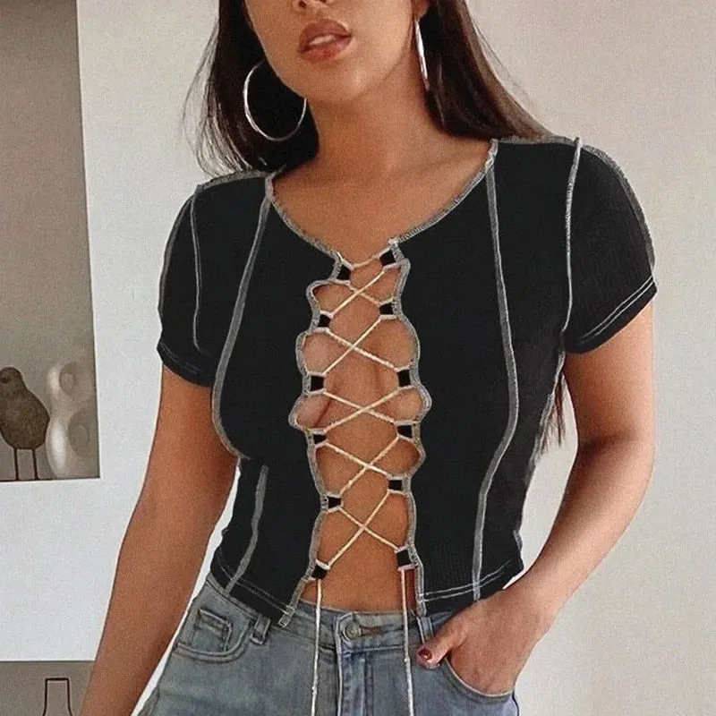 vintage Patchwork Broken Design Mesh Crop Top For Women Street Bandage Wear Tees Punk Style Long Sleeve T-shirt Female clothes
