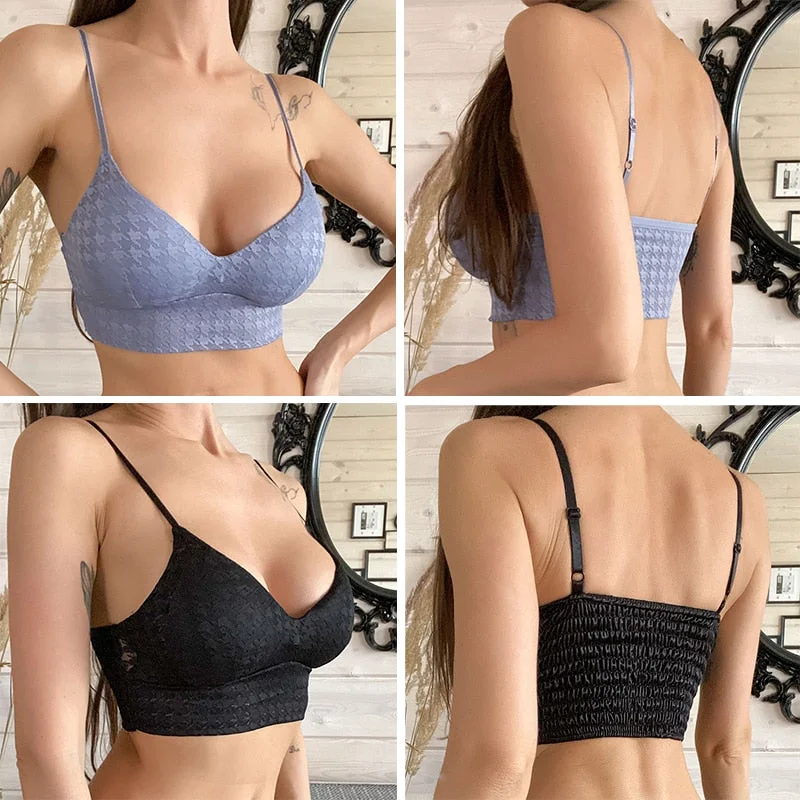 Women Sexy Crop Tops Bra Tube Top Female Streetwear Summer Bralette Houndstooth Camis Deep V-neck Corset Crop Tank Bandeau Top