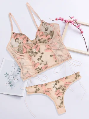 Embroidered Butterfly Print Mesh Lingerie Set