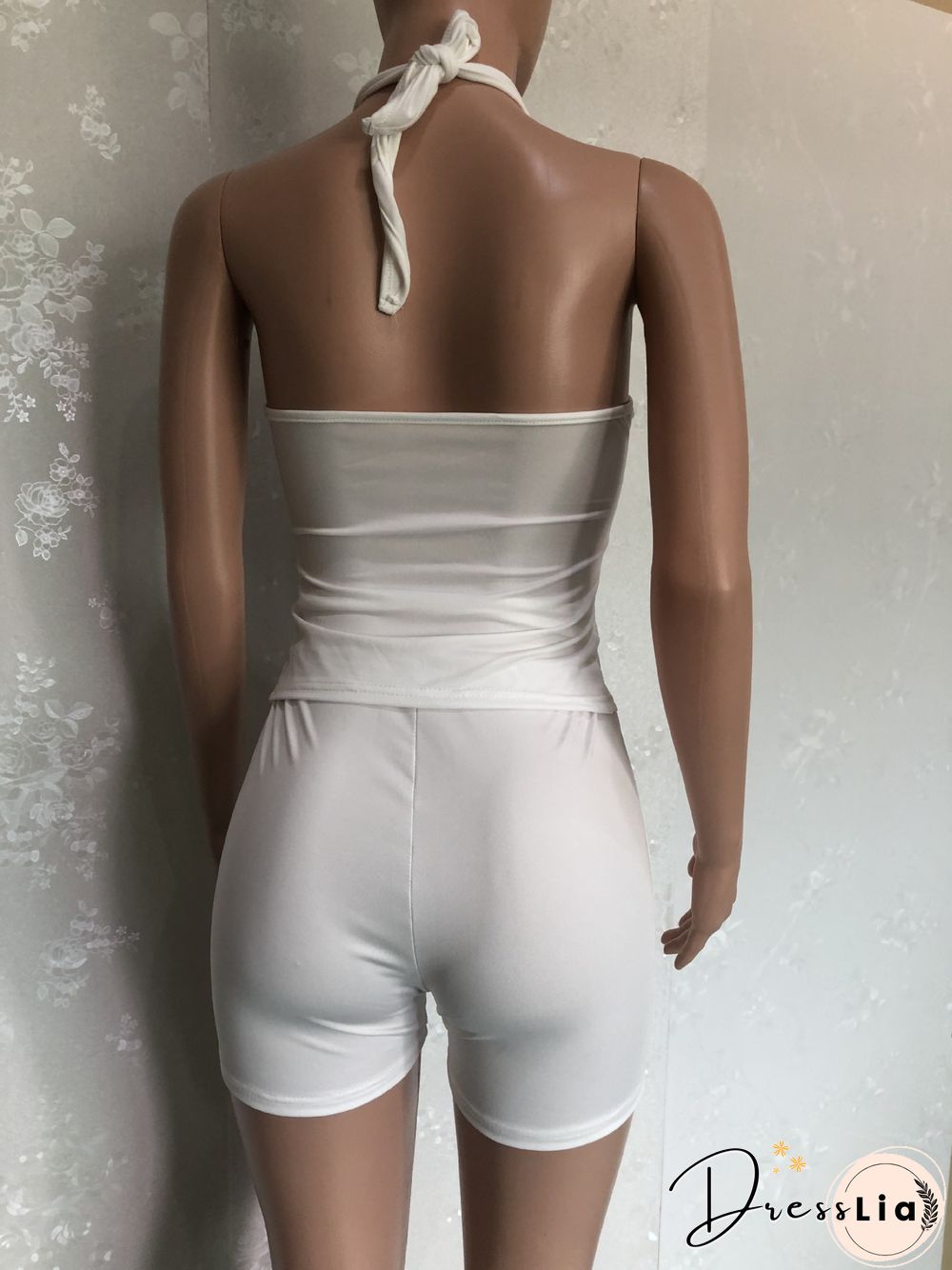Summer Women Sexy Solid Color Irregular Hollow Out Sleeveless Halter Top Skinny Shorts Two Piece Suit