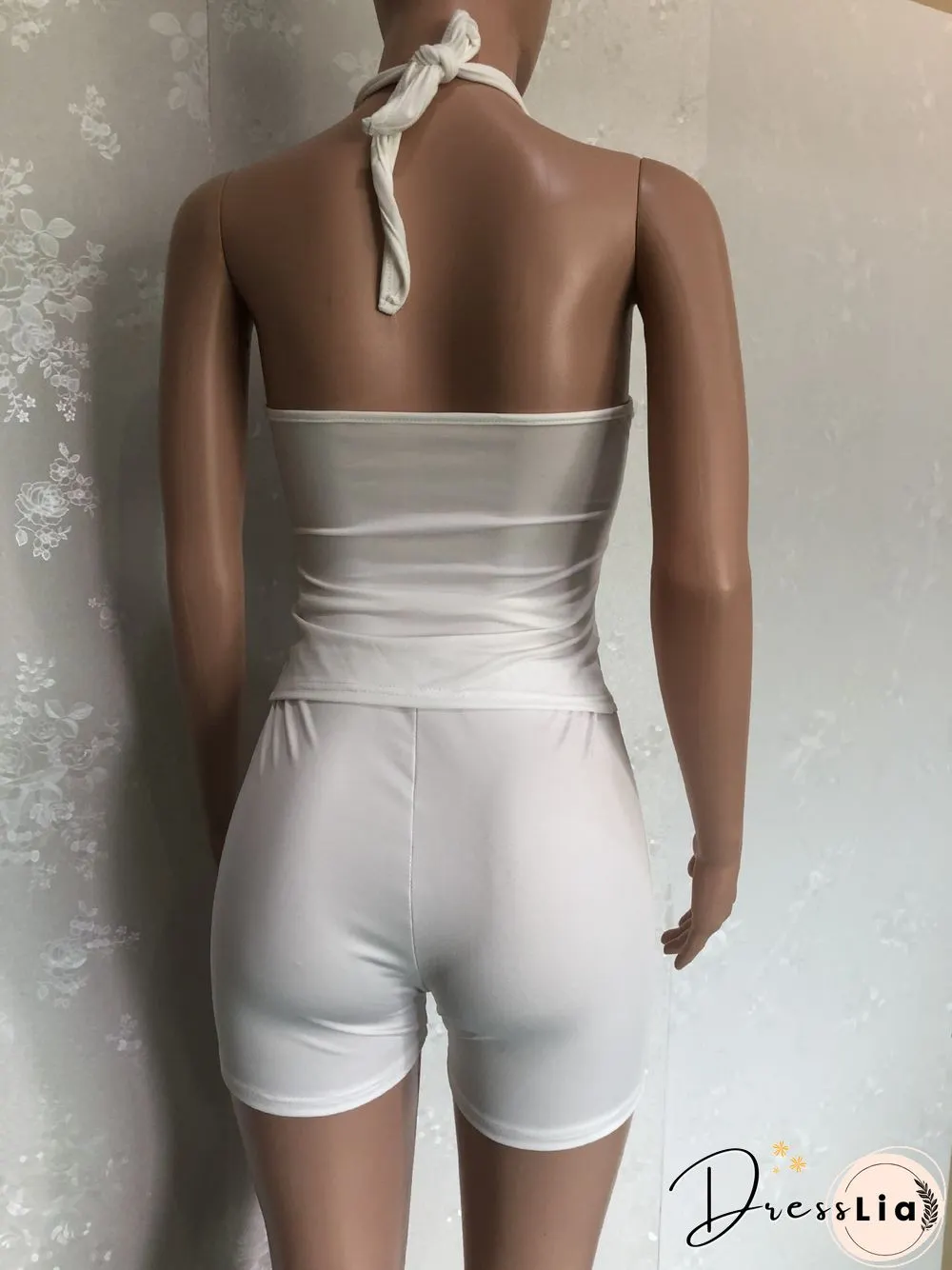 Summer Women Sexy Solid Color Irregular Hollow Out Sleeveless Halter Top Skinny Shorts Two Piece Suit