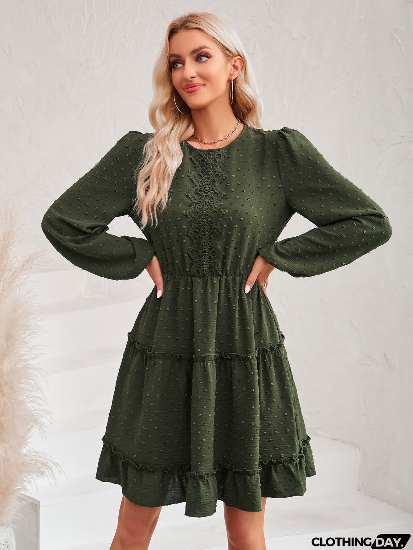 Swiss Dot Lace Trim Balloon Sleeve Dress