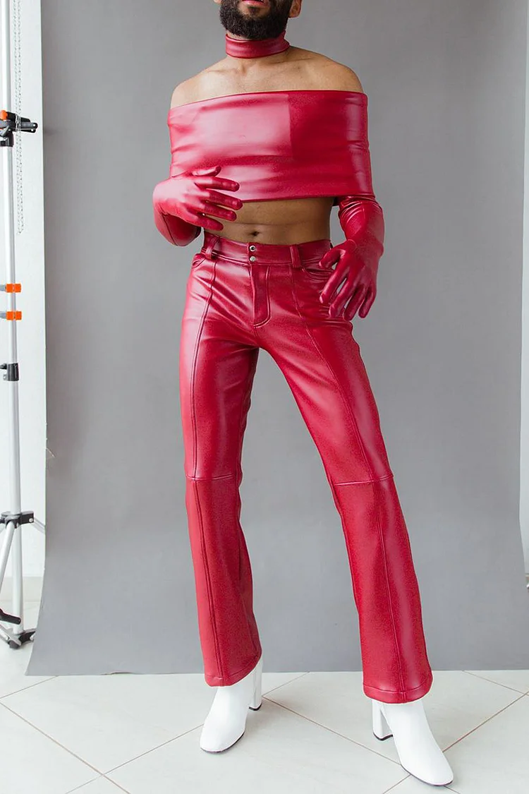 PU Leather Off The Shoulder Top Pants Two Piece Set Without Gloves [Pre-Order]