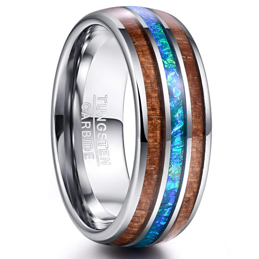 Mens Women 4MM 6MM 8MM 10MM Tungsten Ring Hawaiian Koa Wood Abalone Shell Imitated Opal Inlay Tungsten Rings Carbide Wedding Bands for Womens Men Comfort Fit Ring