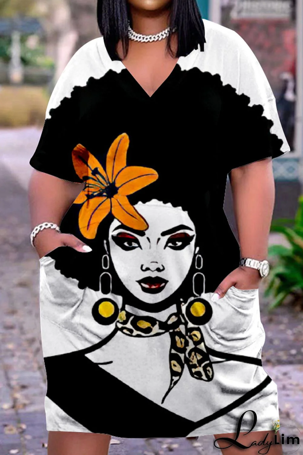 Beige Casual Street Print Patchwork V Neck Straight Dresses