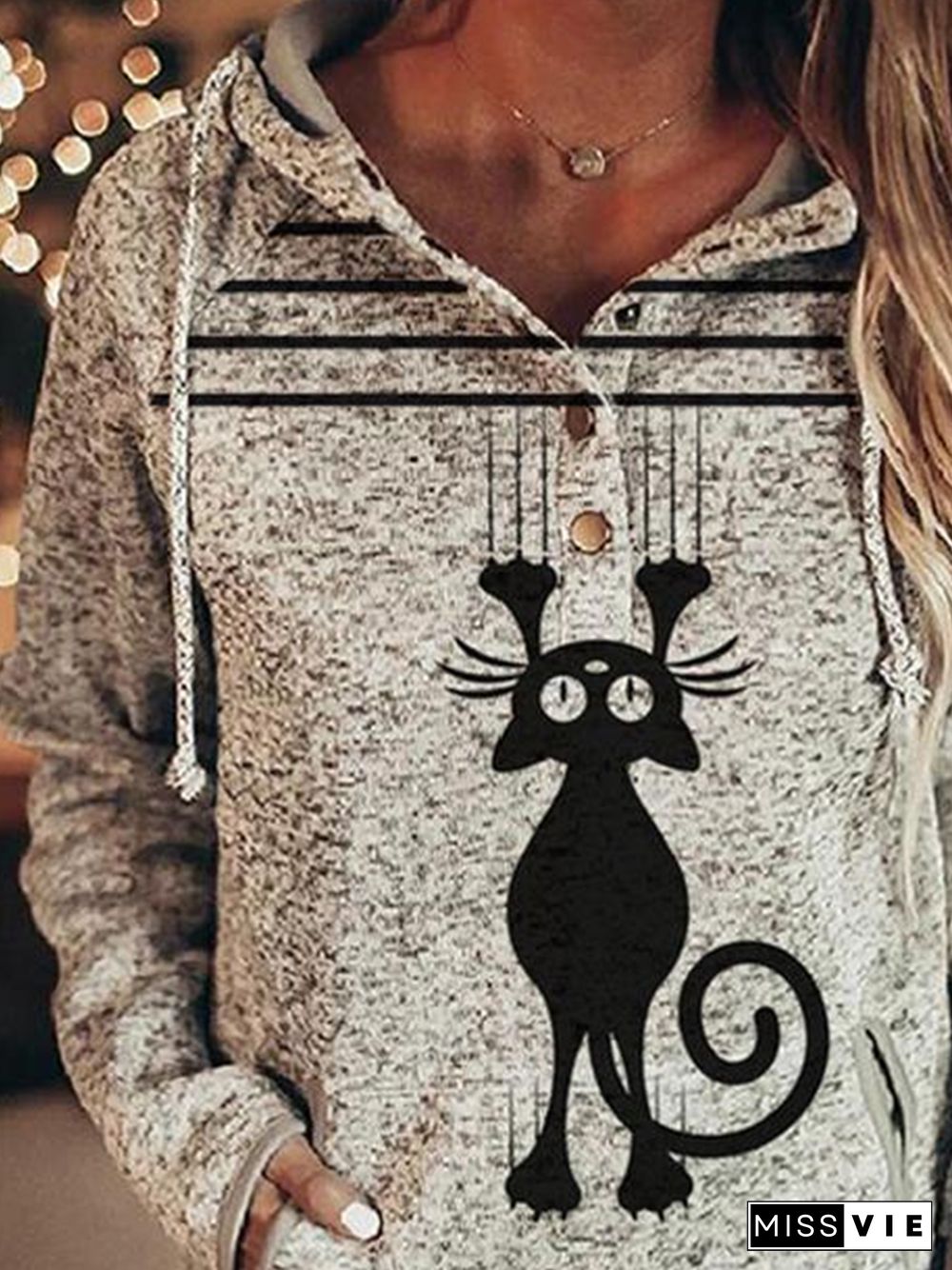 Women's Cat Print Pocket Hoodie