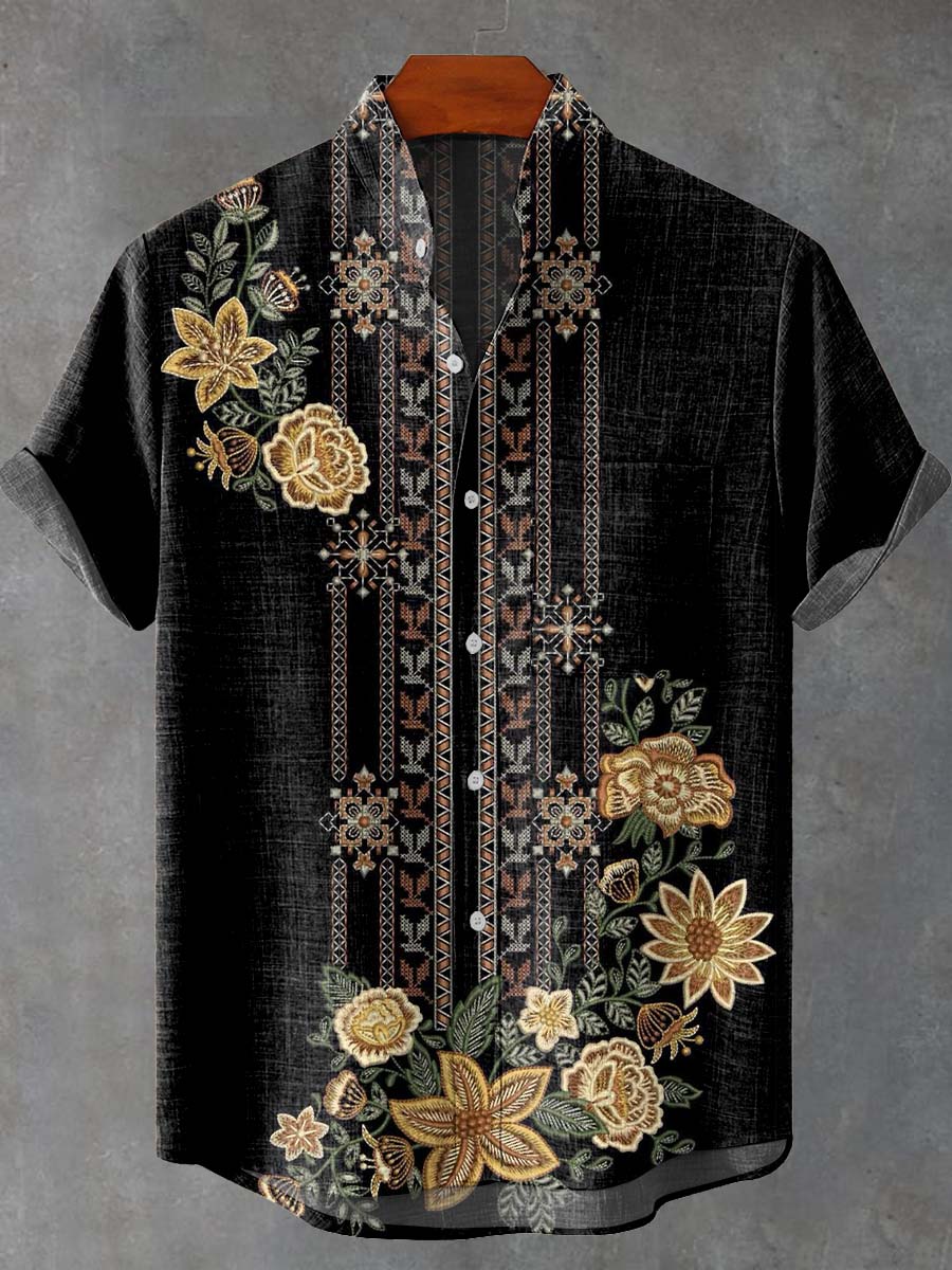 Vintage Ethnic Art Flower Vintage Print Casual 100% Cotton Shirt