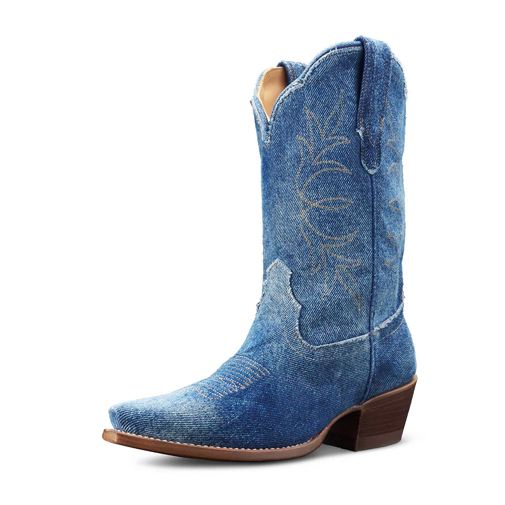 Snip Toe Block Heel Denim Blue Mid-Calf Cowboy Boots for Women Nicepairs