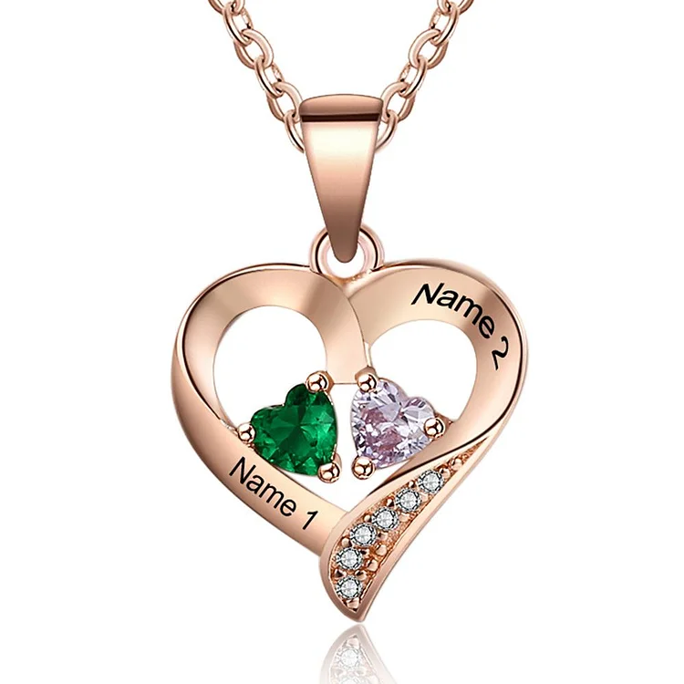 Sterling Silver Heart Necklace Love Necklace Personalized with 2 Birthstones 2 Names Valentine's Day Gift 