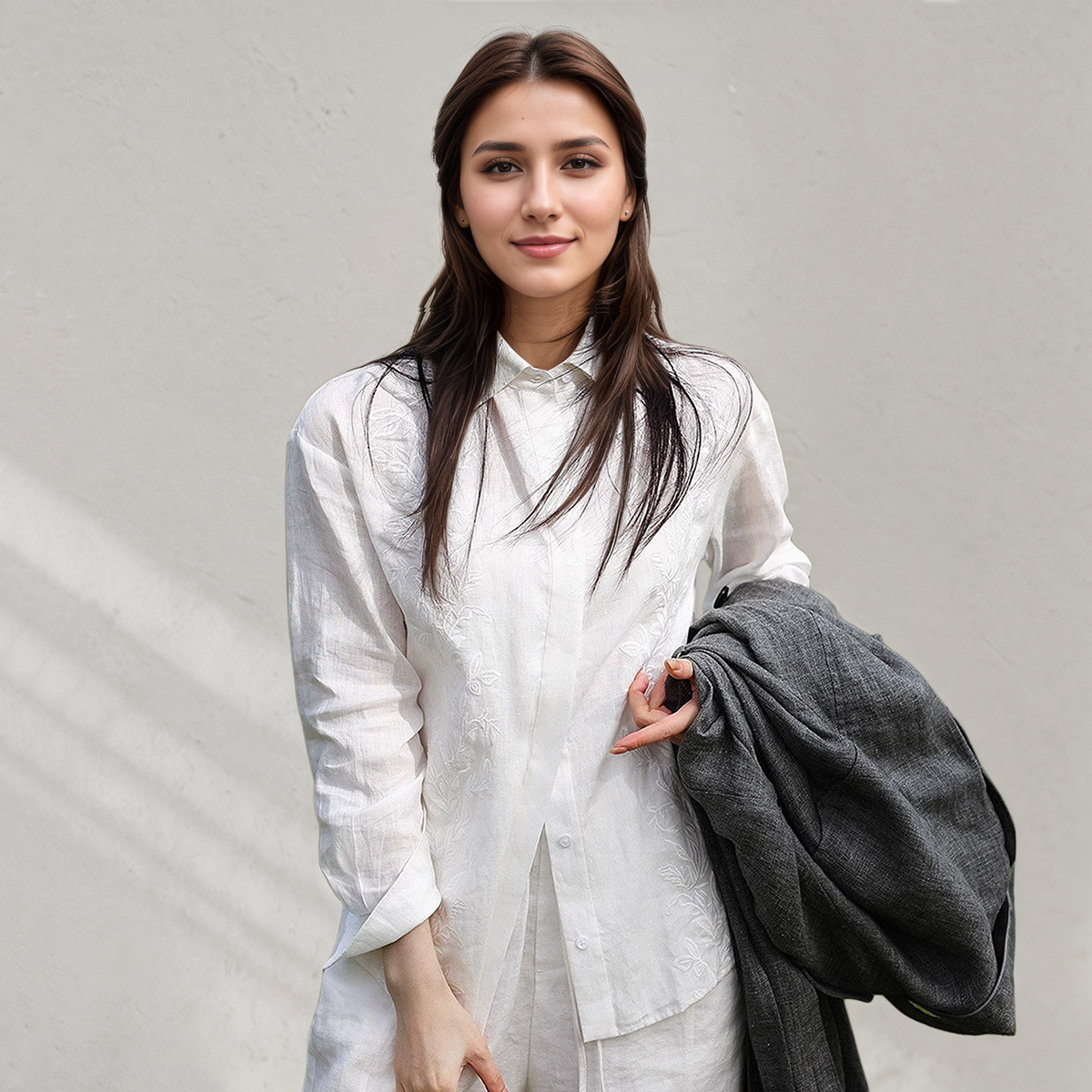 100% Linen Classic Shirt with Embroidery White REAL SILK LIFE
