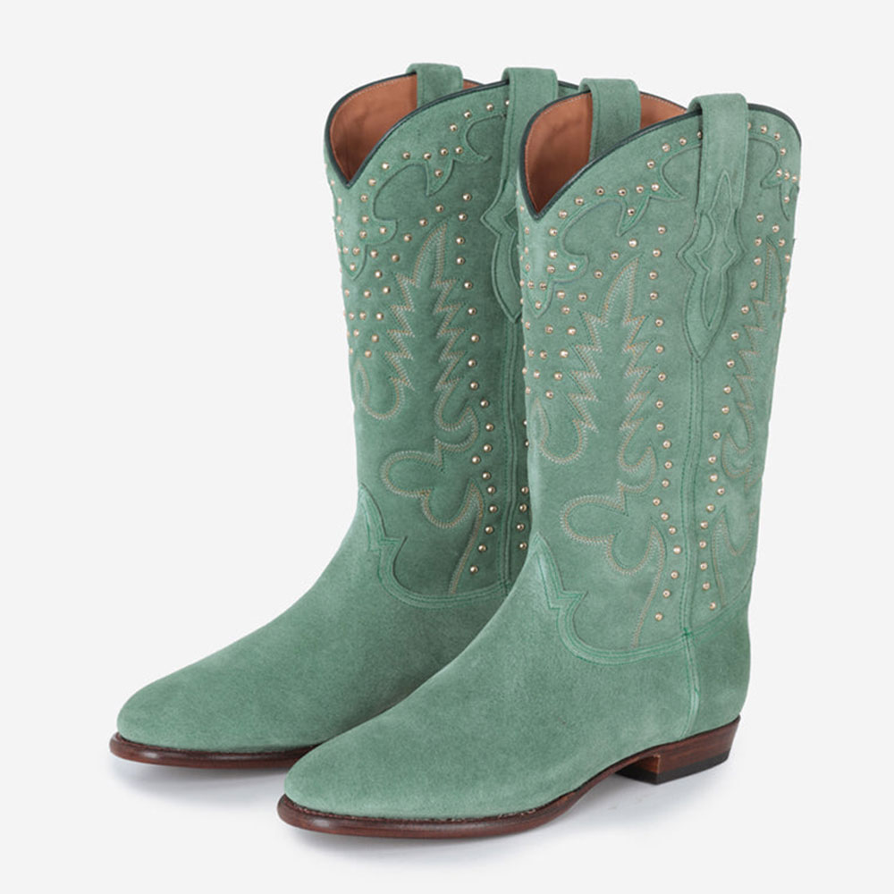 Green Stitching Round Toe Flat Mid-Calf Cowgirl Boots with Studs Nicepairs