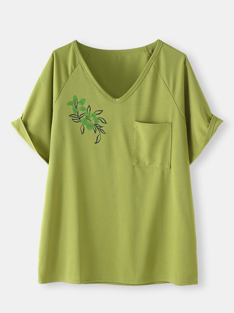 Pocket Short Sleeve Flower Print V neck Casual T Shirt P1850881