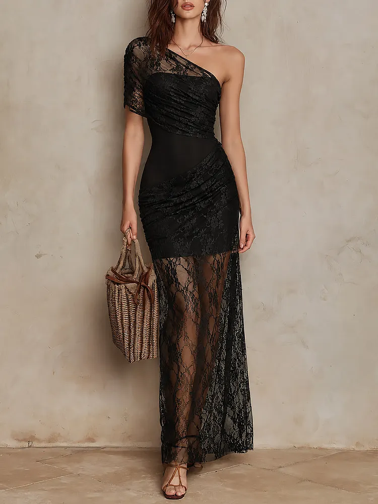 Elegant One-shoulder Slim-fit Maxi Dress With Lace Detailing