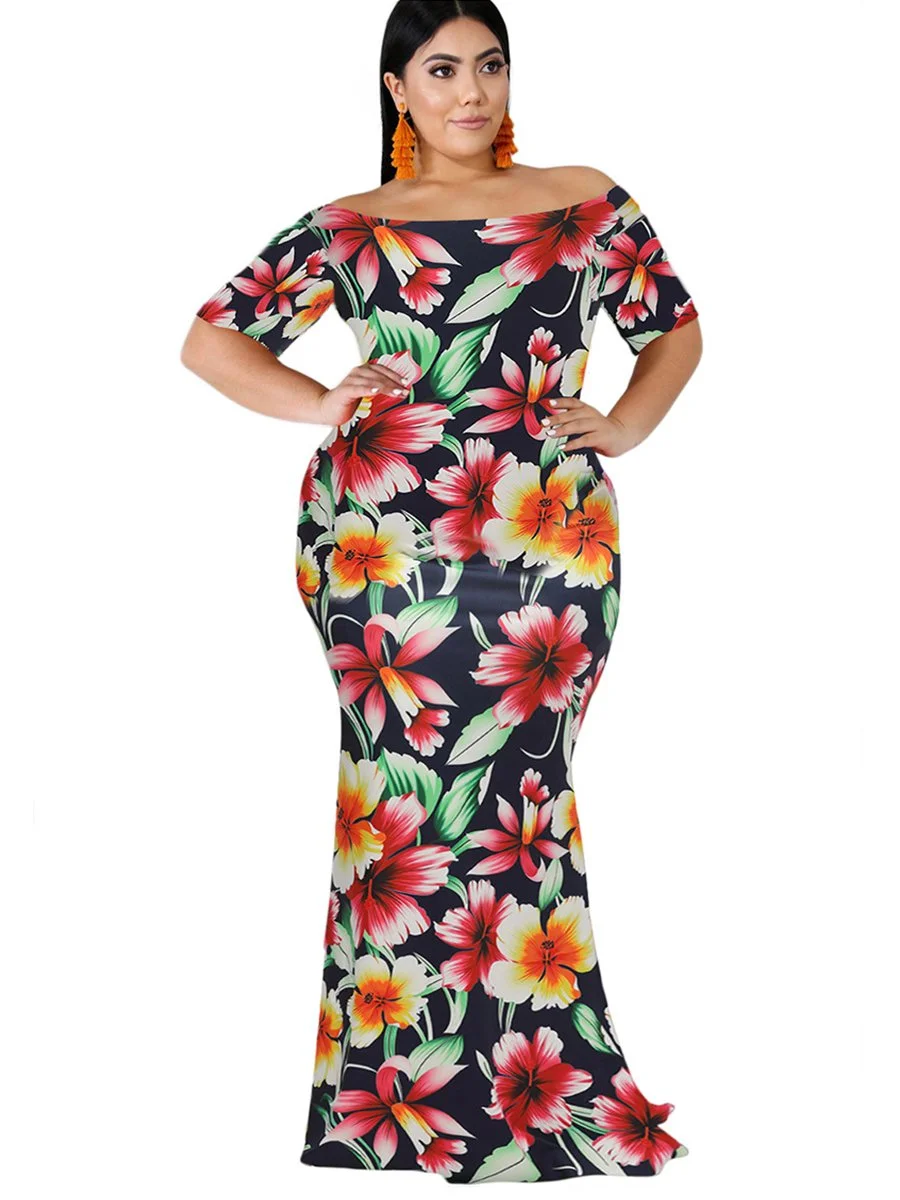 Plus Size Dress Off Shoulder Floral Mermaid Maxi Long Dress