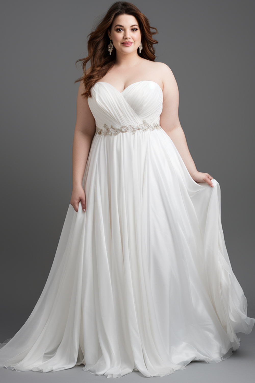 Flycurvy Plus Size Formal White Chiffon Wrap Strapless Built-in Bra Maxi Dress