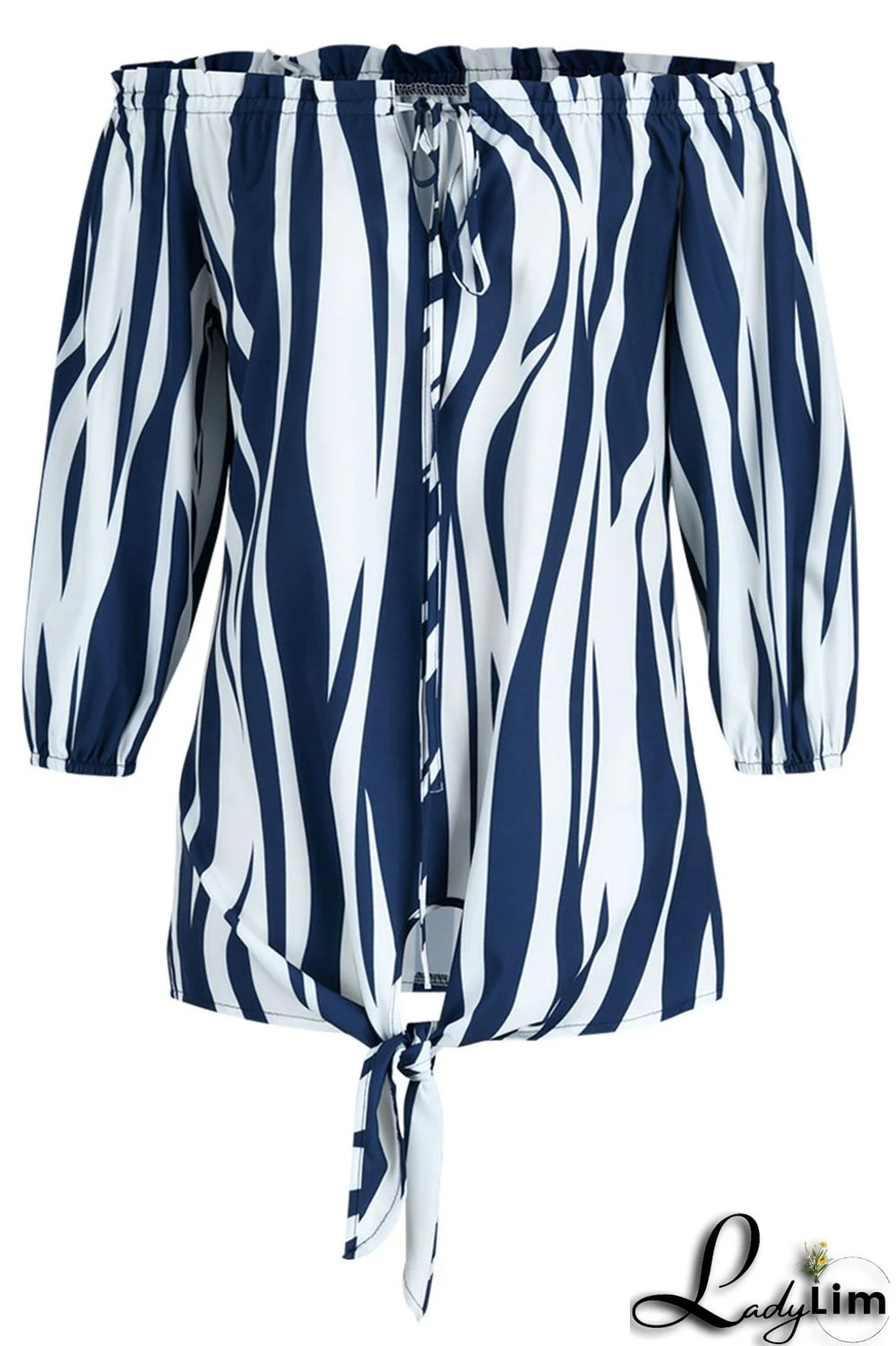 Tibetan Blue Fashion Casual Print Bandage Backless Off the Shoulder Tops