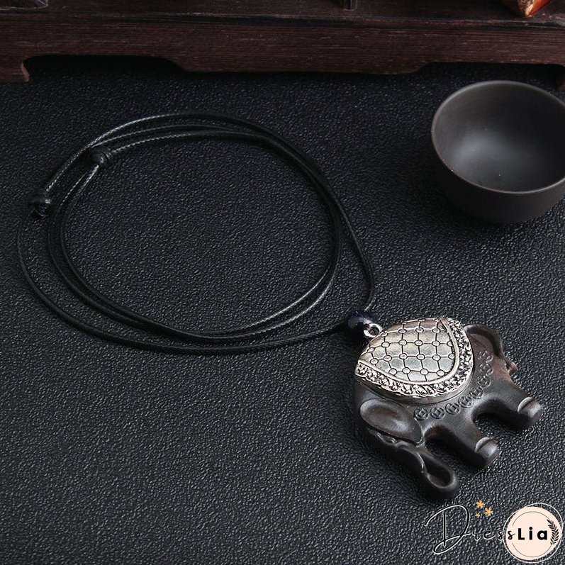 Versatile ethnic style retro black sandalwood elephant pendant with simple wax rope pendant