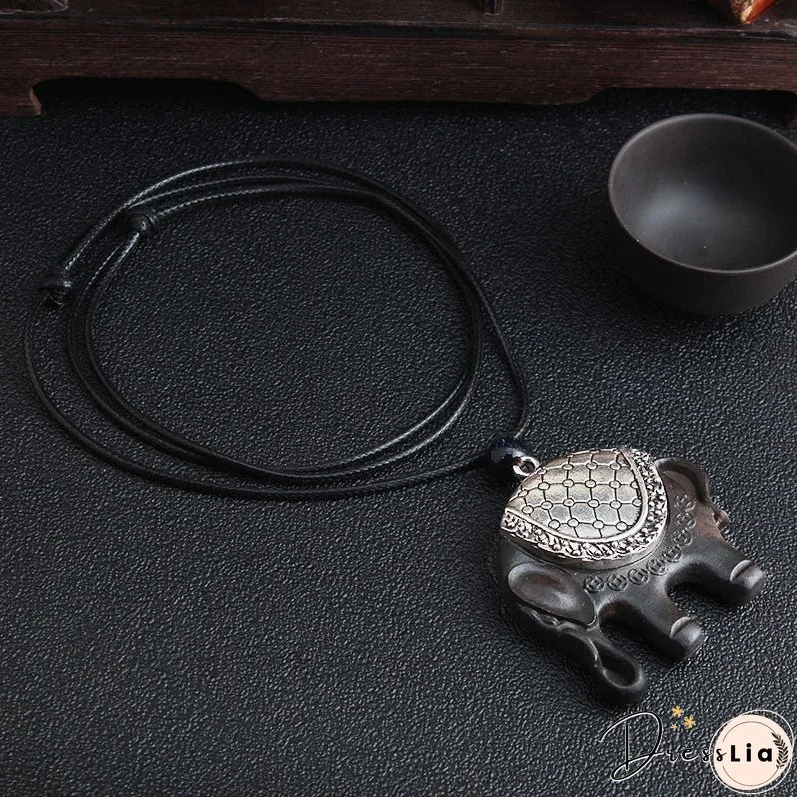 Versatile ethnic style retro black sandalwood elephant pendant with simple wax rope pendant