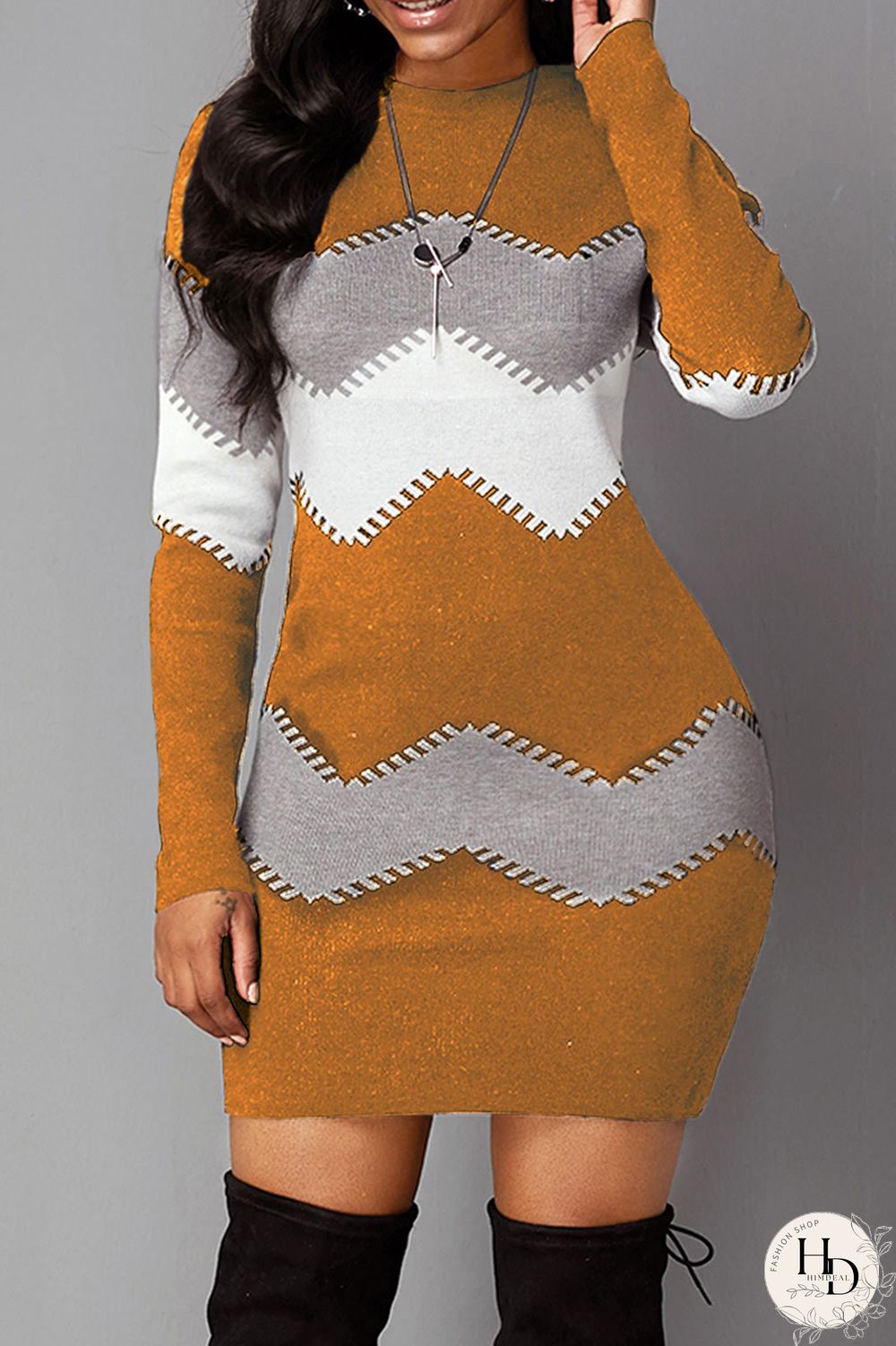 Yellow Fashion Casual Print Basic O Neck Long Sleeve Dresses