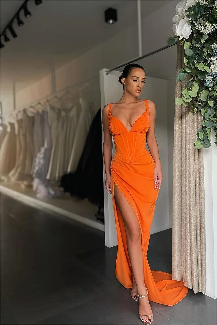 Hellodresses Simple Orange Satin Sleeveless Spaghetti Strap Long Prom Dress With Split