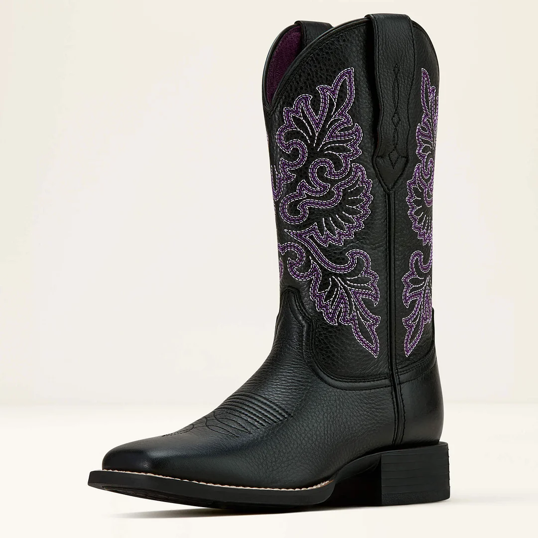 Black Square Toe Chunky Heel Cowgirl Boots with Purple Embroidery