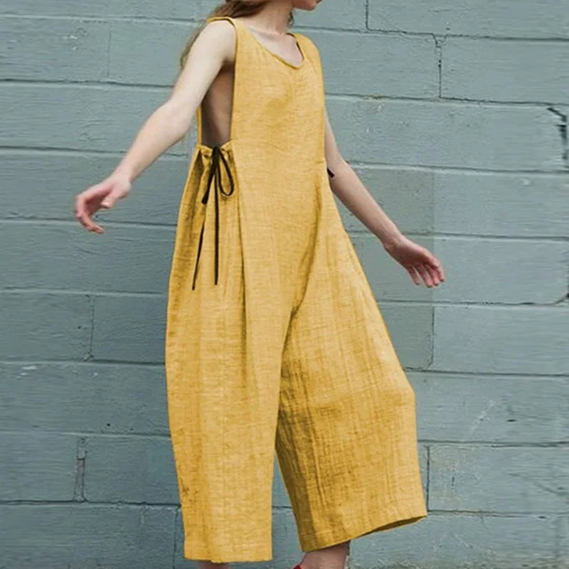 Simple Casual Plain Cotton Linen Jumpsuits Women Spring Crew Neck Straight Office Rompers Summer Sleeveless Side Tie-up Overalls