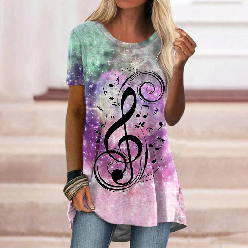 Womens Casual Fashion Musical Note Tie Dye T-shirt