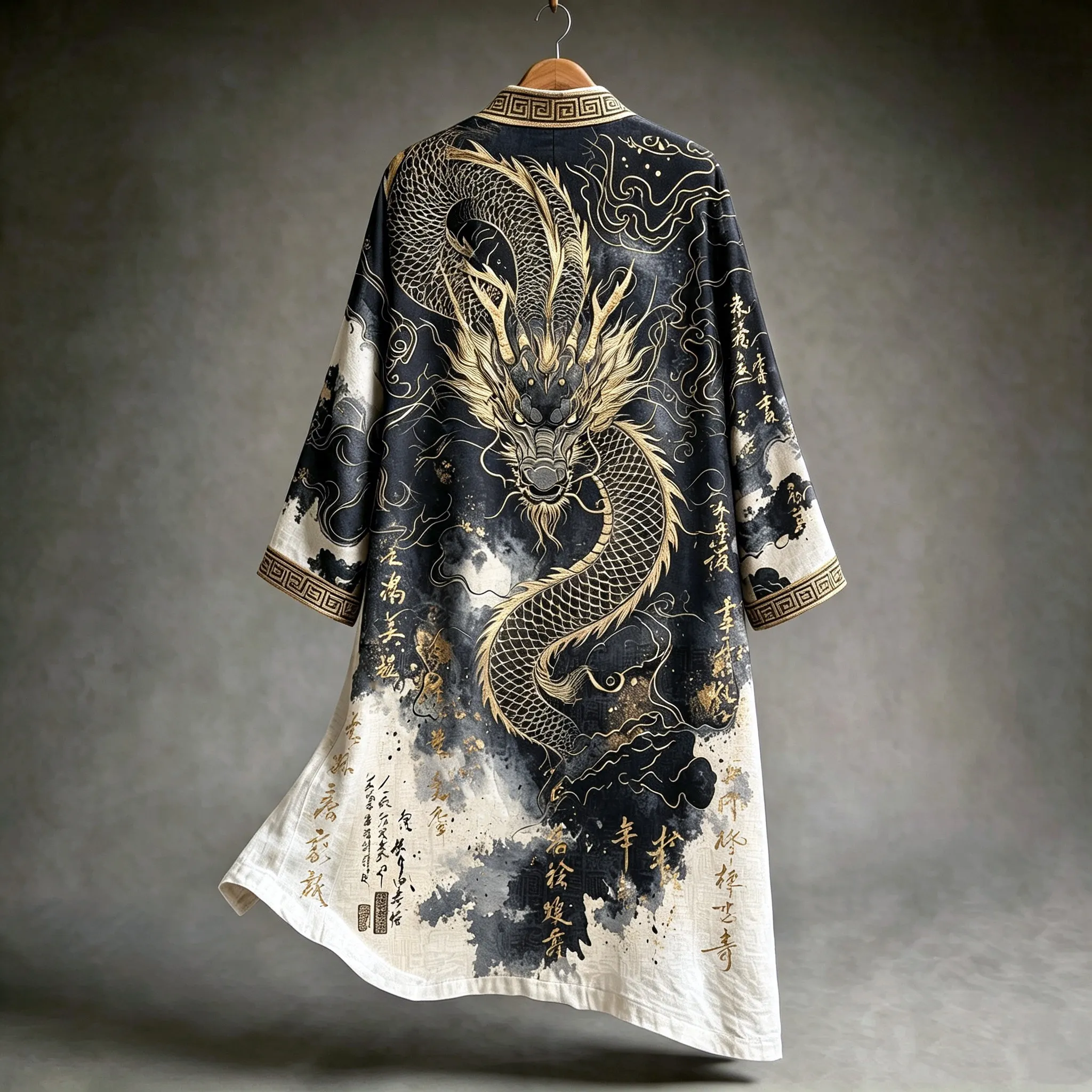 Men's Retro Japanese Art Dragon And Calligraphy Print Long Kimono  artssus