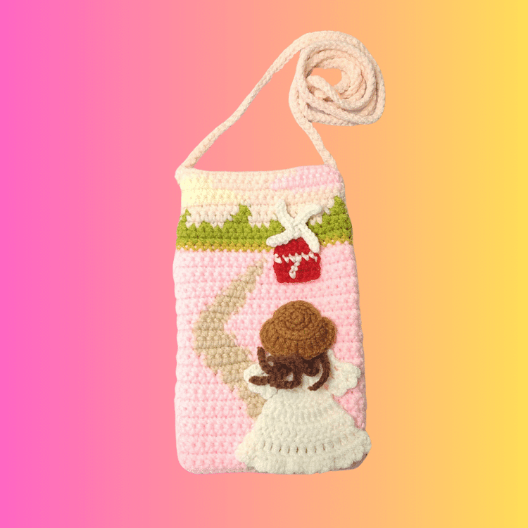 Lulusnow Handmade Pink Oil Painting Style Spring Girl Crochet Crossbody Bag Phone Bag