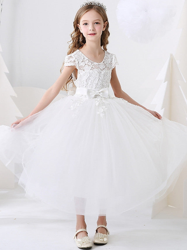 Oknass Ball Gown Ankle Length Flower Girl Dress Short Sleeve Jewel Neck With Bow Appliques