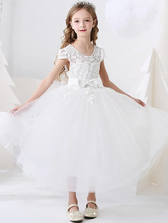 Daisda Ball Gown Ankle Length Flower Girl Dress Short Sleeve Jewel Neck With Bow Appliques