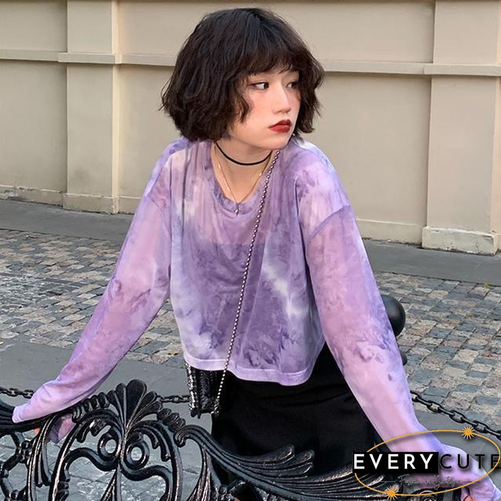 Long Sleeve T-Shirts Women Tie Dye Cropped Translucent Loose College Sun-Proof Fashion Summer Thin Tops Design All-Match Mujer